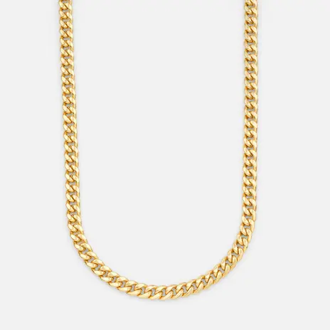 Heavy yellow gold Miami Cuban link necklace hung in a deep U against a plain white studio background — stand-in photograph