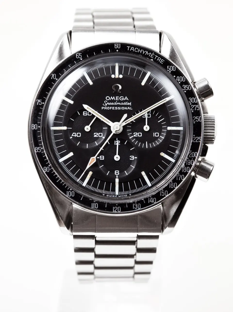 Vintage Omega Speedmaster ref. 145.012-67 chronograph on its 1171 steel bracelet against white — stand-in photograph